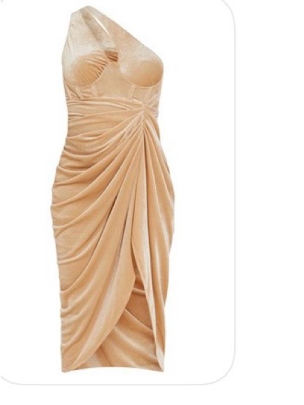 PrettyLittleThing One-Shoulder Draped Velvet Midi Dress in Nude Beige